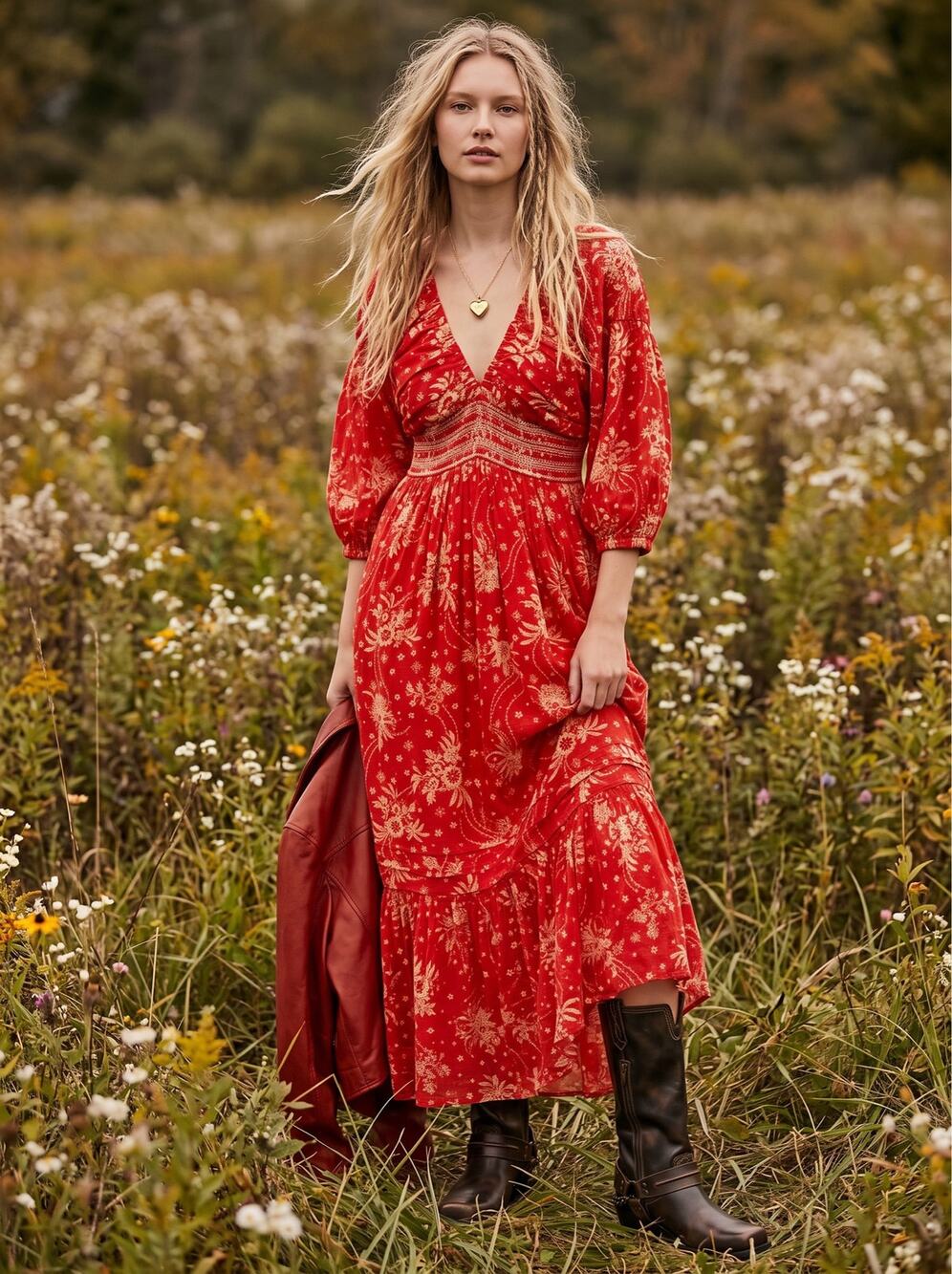 Free People Golden Hour Maxi Dress Cherry Red Large Bohemian Spring Floral 70s